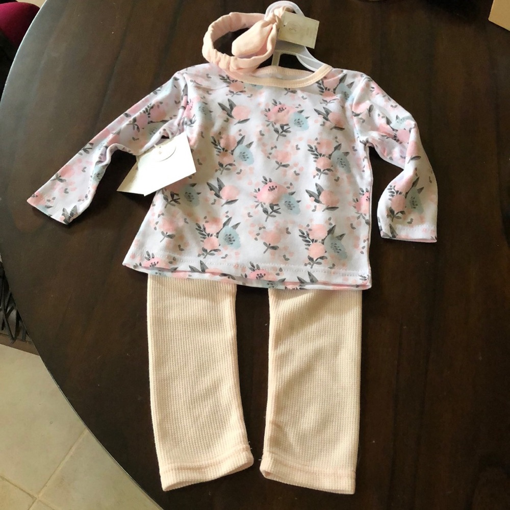 🎀 Jonah & Belle 3-pc girls outfit - Floral top, Bow headband, waffle pants